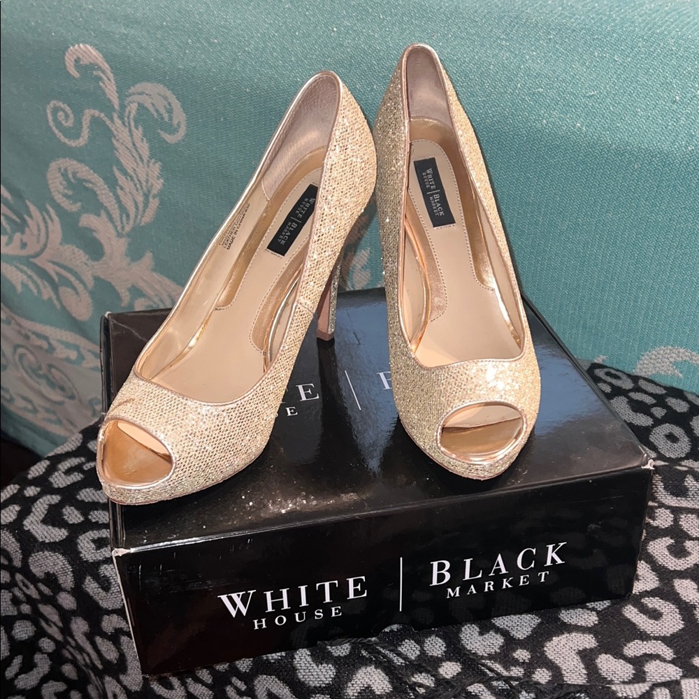 White House Black Market Sparkling Gold Heels size 8